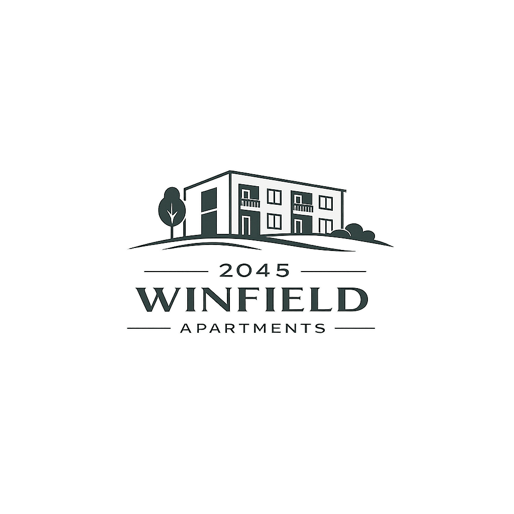 A logo for Winfield Apartments shows a stylized apartment building with the year 2045 below it.